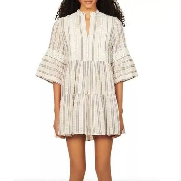 Sandro Stephanie Striped Lace Trim Bell Sleeve Tiered Mini Dress Sz 34 (US XS) - Picture 2 of 13